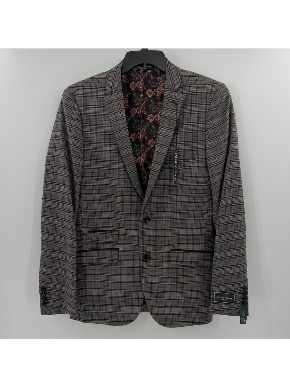 Paisley & Gray Men's Two Button Plaid Blazer - Maroon/Gray - 40L - NWT